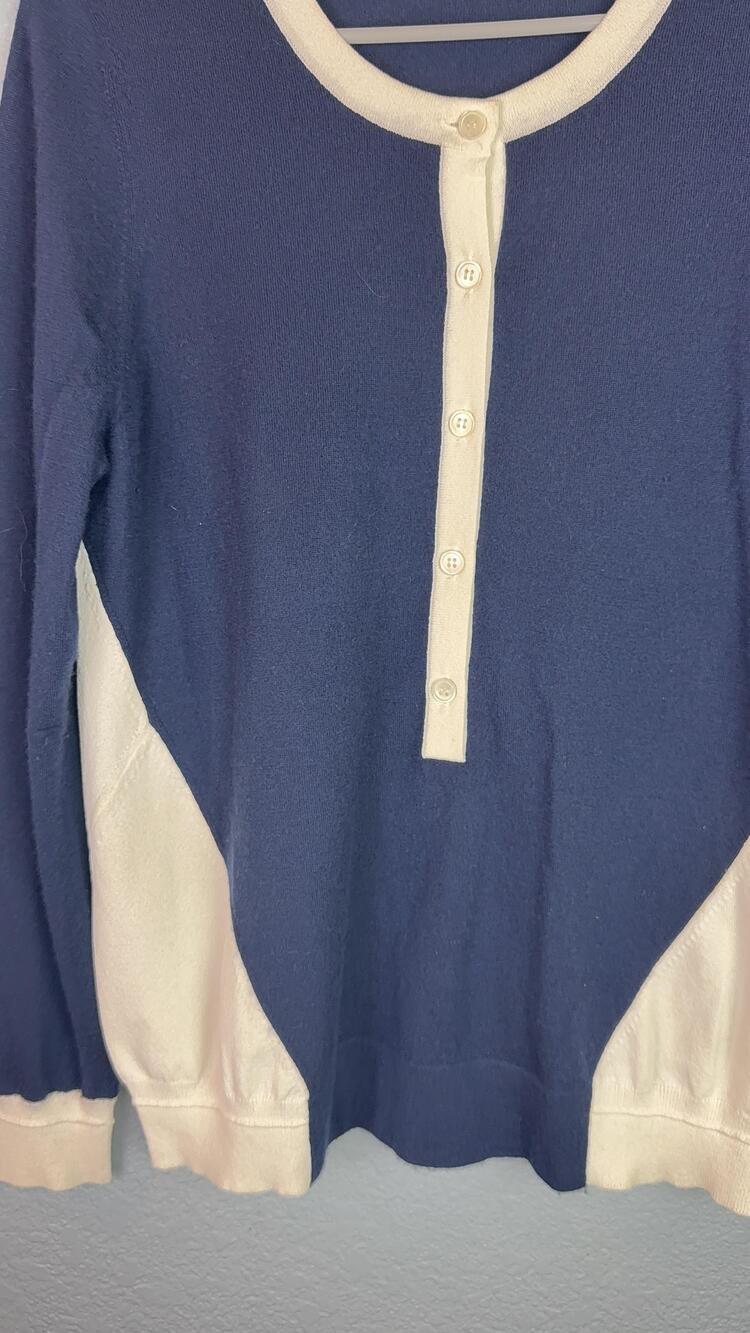 TSE Sweater Womens Large Blue White Henley Cashmere Colorblock Knit Top Raglan